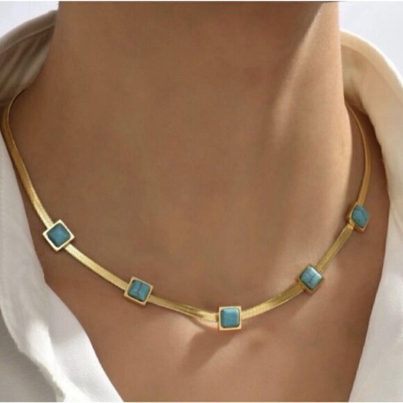 Gold Plated turquoise Herringbone necklace Snake Womens Jewelry Fishbone - Picture 6 of 12